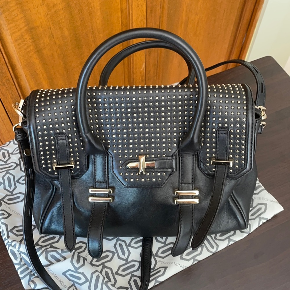 Black Studded Leather Satchel Handbag